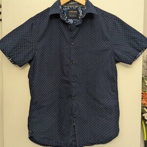 Men’s Denim & Flower Slim Fit Button Up Casual Navy Blue polka dot EUC Small